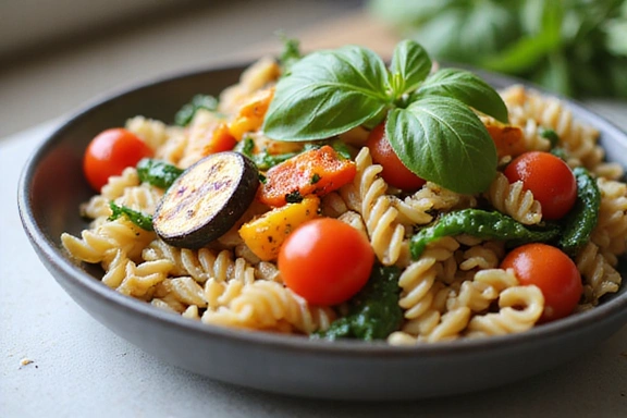 Immagine di una ciotola di pasta integrale con verdure