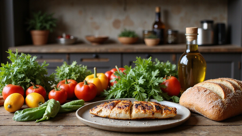 Tavola imbandita con cibi mediterranei freschi come verdure, frutta, olio d'oliva, pane e pesce