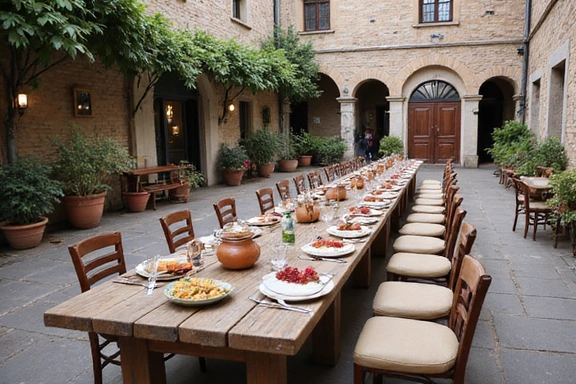 Tavola imbandita all'aperto in un borgo italiano