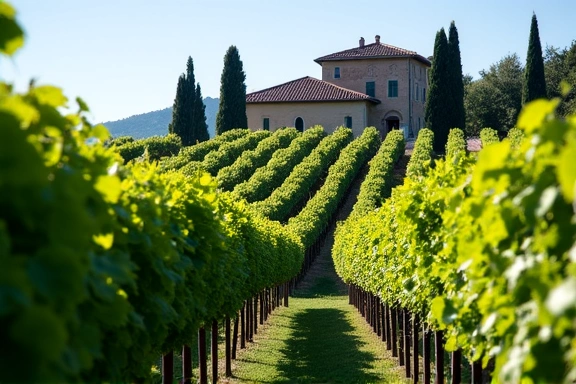 Vigneto rigoglioso in Chianti con villa sullo sfondo