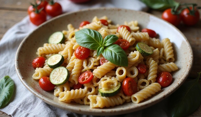 Immagine di un piatto di pasta integrale con verdure fresche