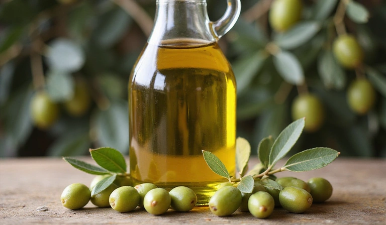 Immagine di olio d'oliva extra vergine in una bottiglia con olive