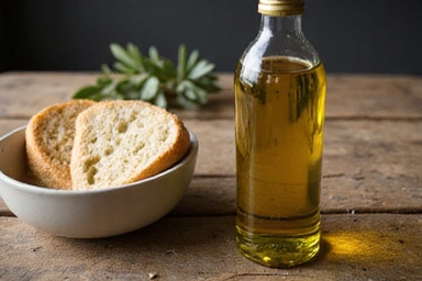 Bottiglia di olio d'oliva extra vergine su un tavolo di legno