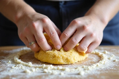 Mani che impastano la pasta fresca su un tagliere in legno