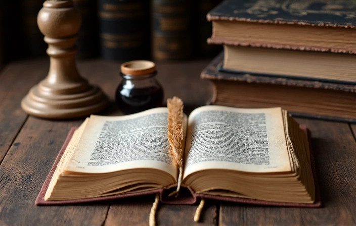 Libri antichi e una penna su una scrivania, che simboleggiano la conoscenza e la proprietà intellettuale.